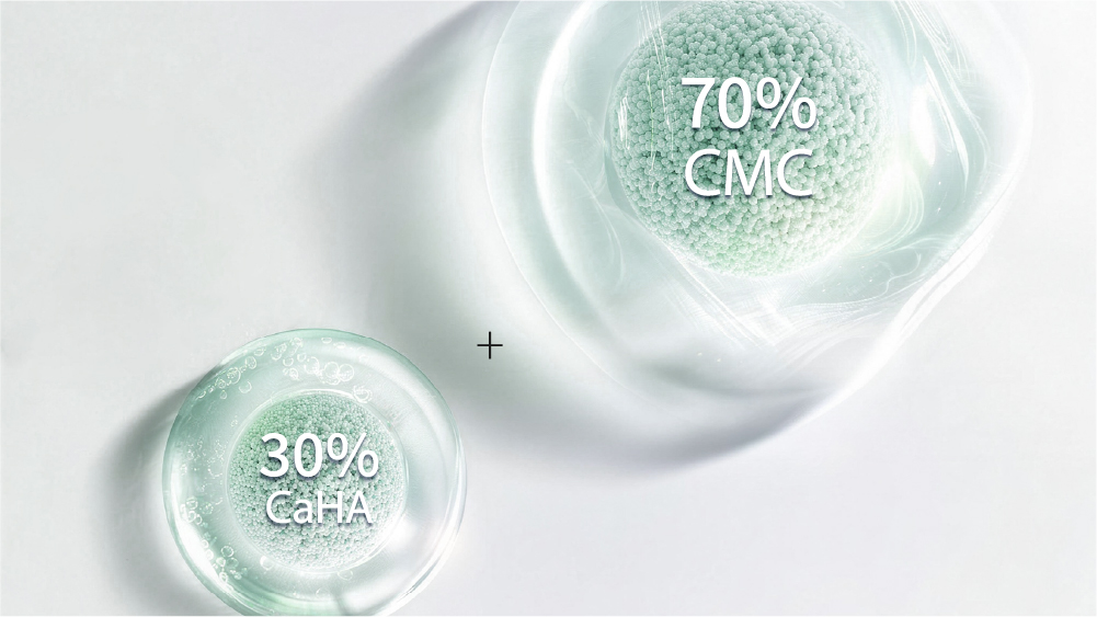 Aphranel MagiCCrystal Novo dual-regeneration structural system: 30 percent CaHA microspheres plus 70 percent CMC gel carrier composition diagram