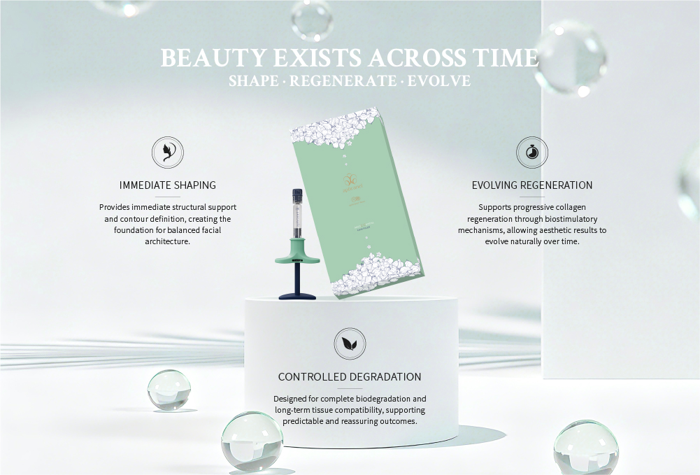 Aphranel MagiCCrystal Novo three dimensions of regenerative aesthetics: Immediate Shaping, Evolving Regeneration, and Controlled Degradation — Beauty Exists Across Time, Shape · Regenerate · Evolve